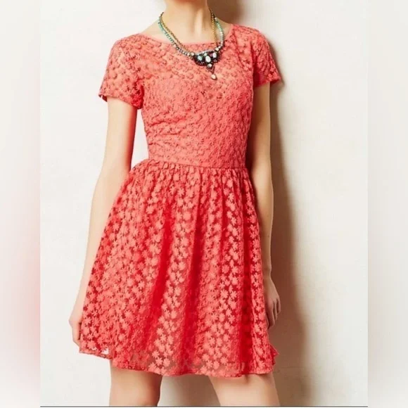 Anthropologie | Nicole Miller Atelier Floral Mesh Overlay Dress Coral, Size 4 - Picture 1 of 6